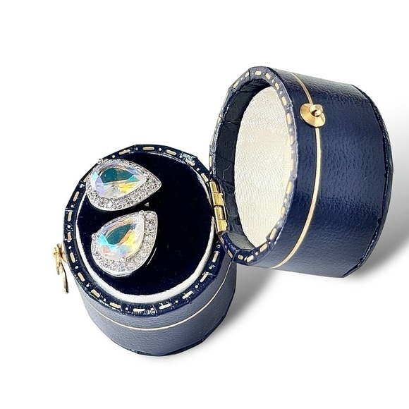 NWT Teardrop Stud Earrings Iridescent Crystal Halo Setting 14K Gold Plated - Picture 9 of 10